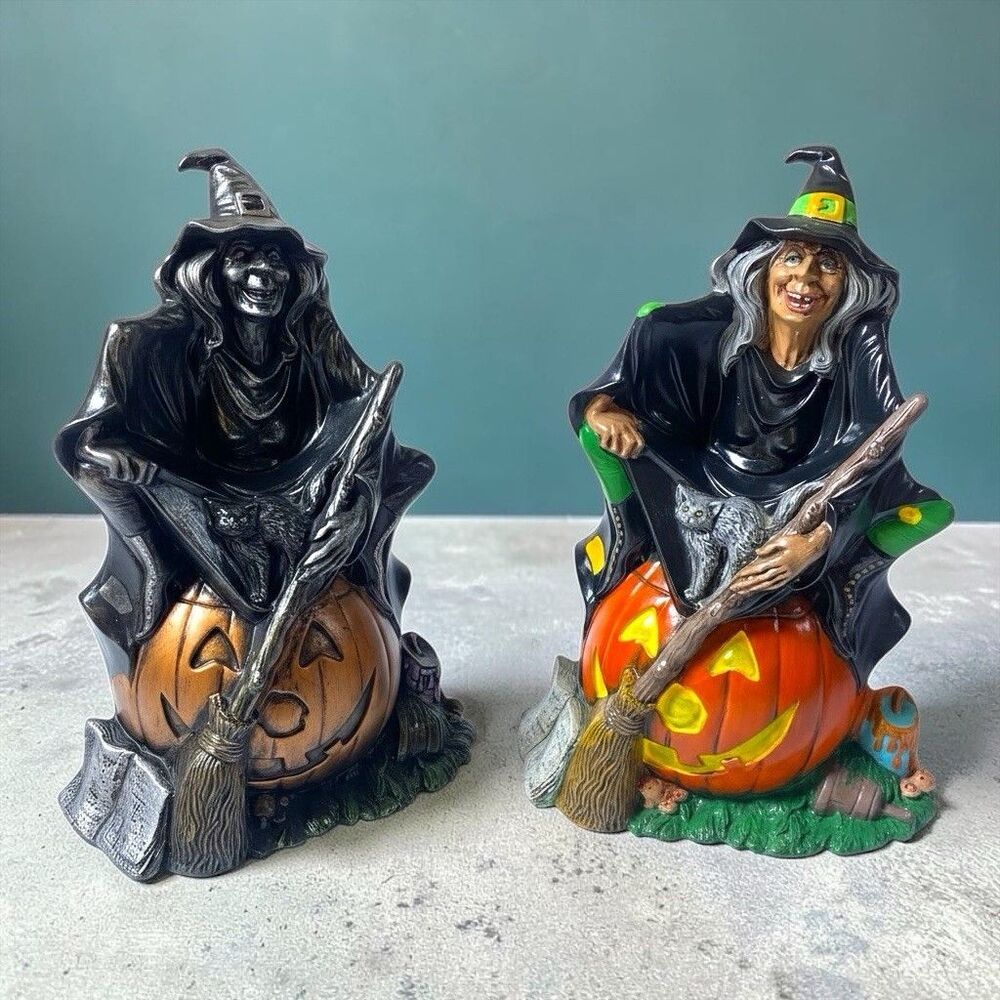 2 Vtg 1972 Byron Blow Molds Ceramic Halloween Witch Jack O Lantern Decoration